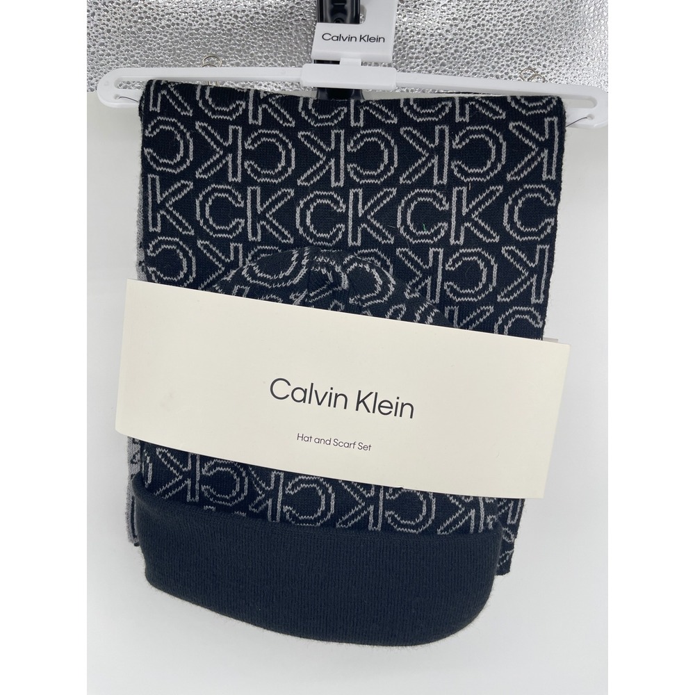 Calvin Klein Hat and Scarf Set Women OS Black New Monogram Knit CKMC552089C